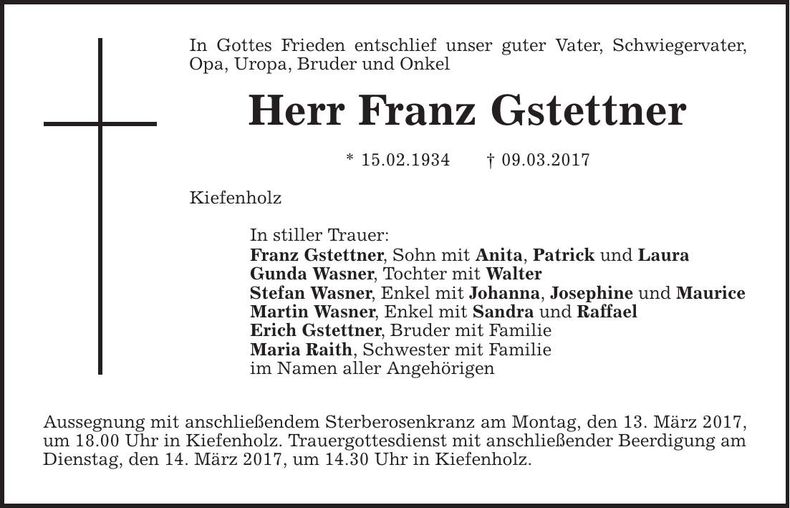 Traueranzeige Franz Gstettner