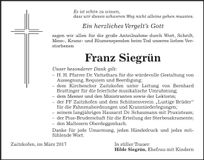 Traueranzeige Franz Siegrün