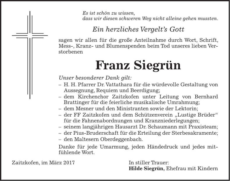 Traueranzeige Franz Siegrün