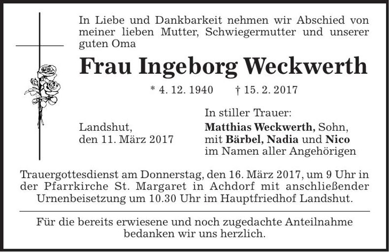 Traueranzeige Ingeborg Weckwerth
