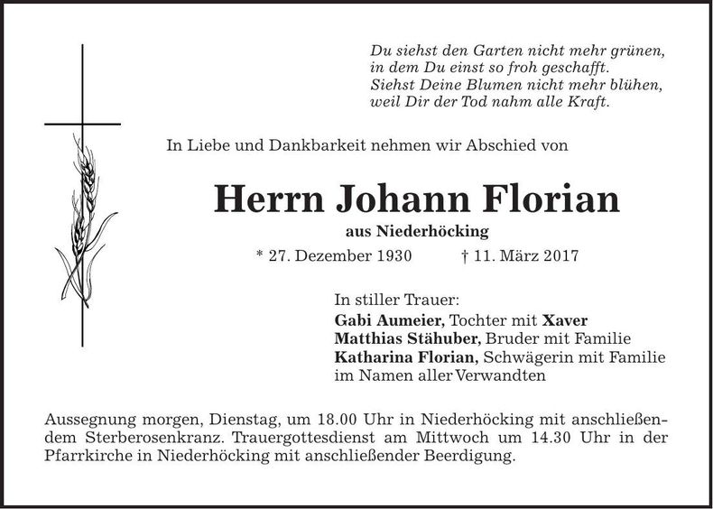 Traueranzeige Johann Florian