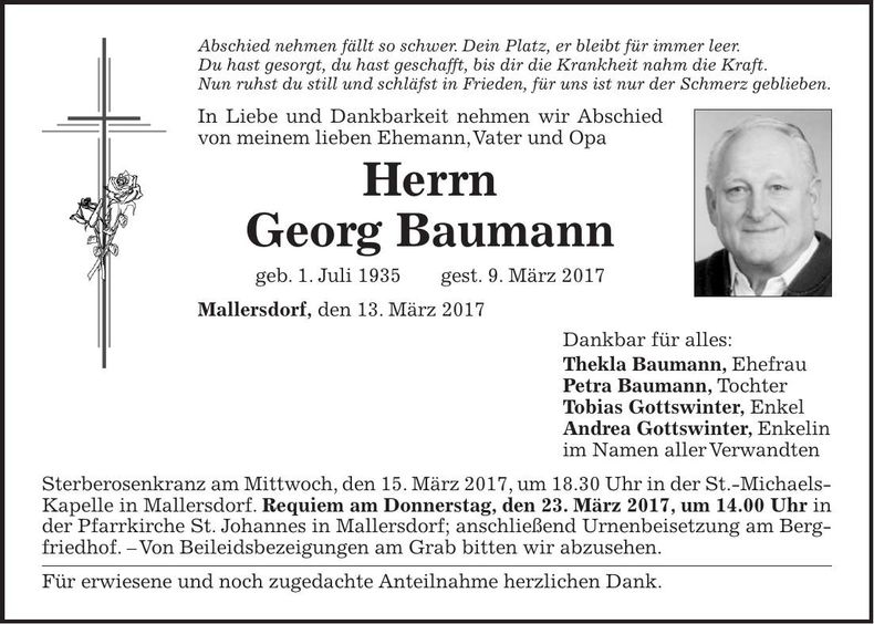 Traueranzeige Georg Baumann
