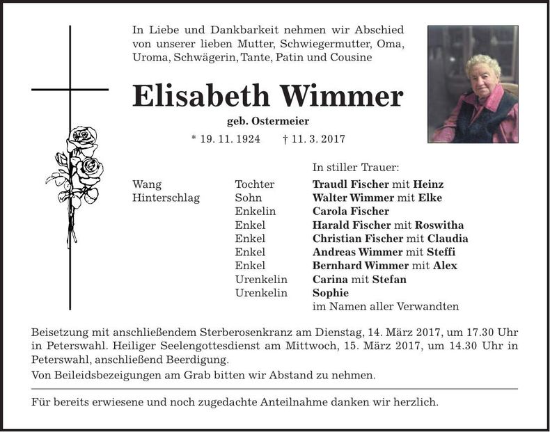 Traueranzeige Elisabeth Wimmer
