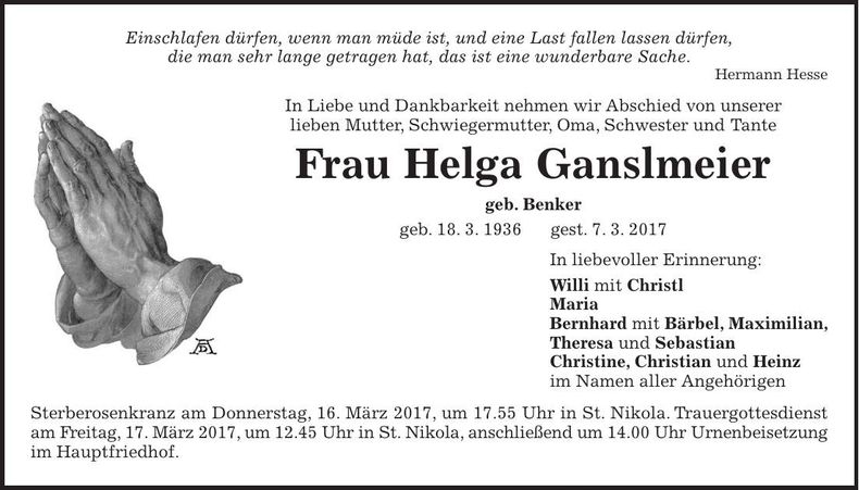 Traueranzeige Helga Ganslmeier