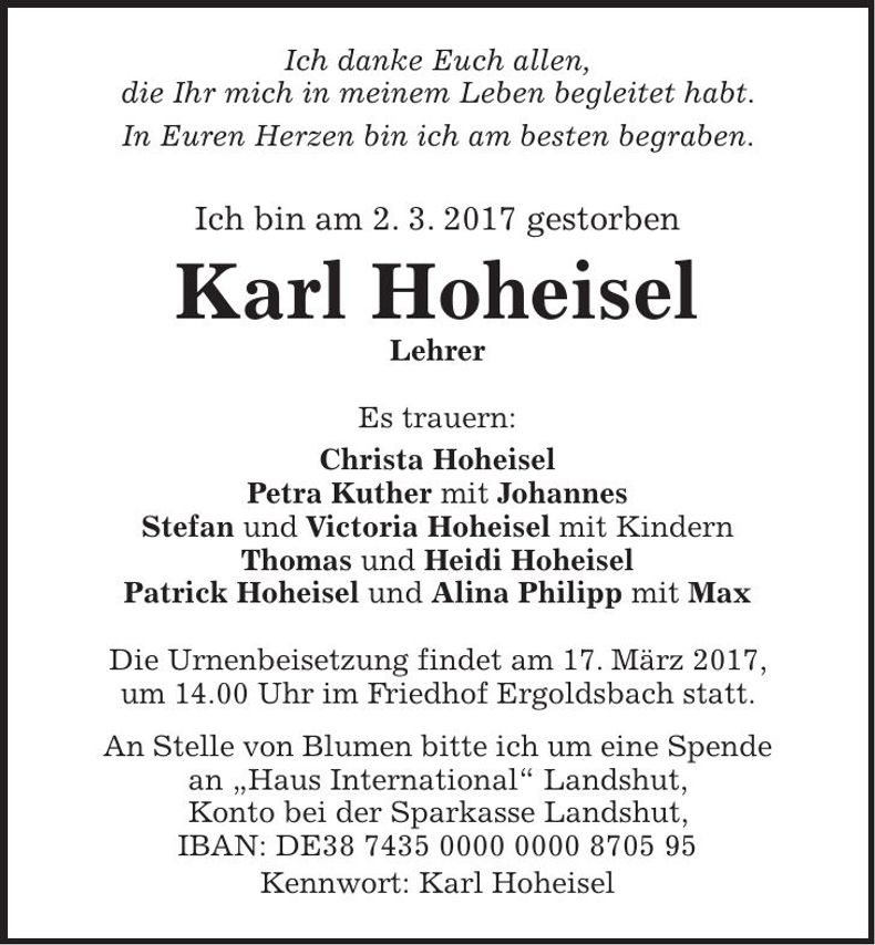 Traueranzeige Karl Hoheisel