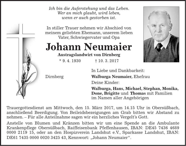 Traueranzeige Johann Neumaier
