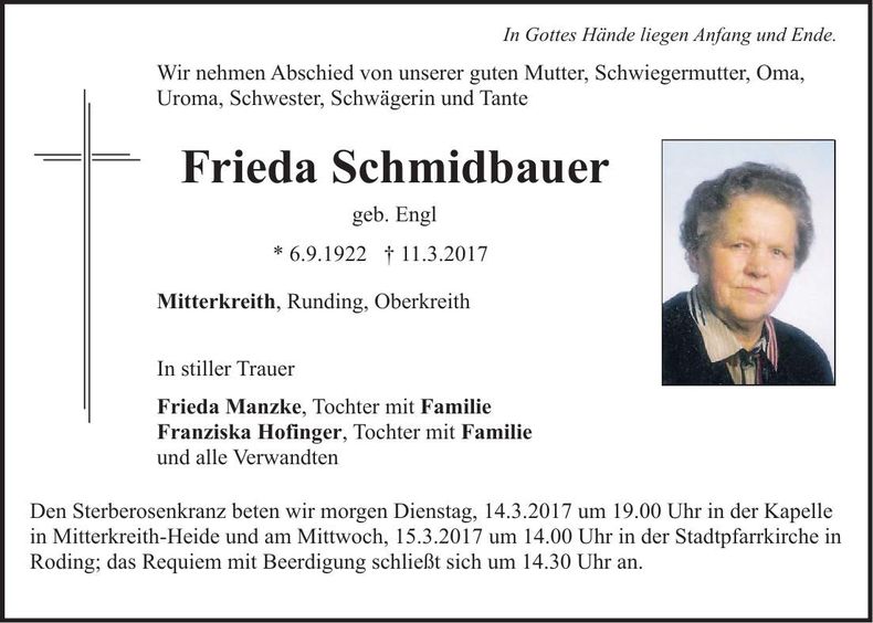 Traueranzeige Frieda Schmidbauer