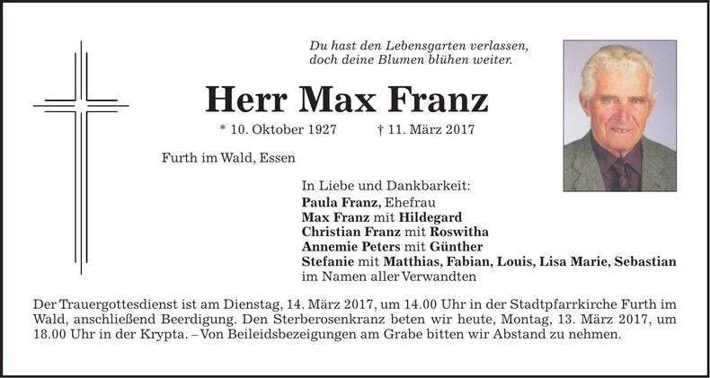 Traueranzeige Max Franz