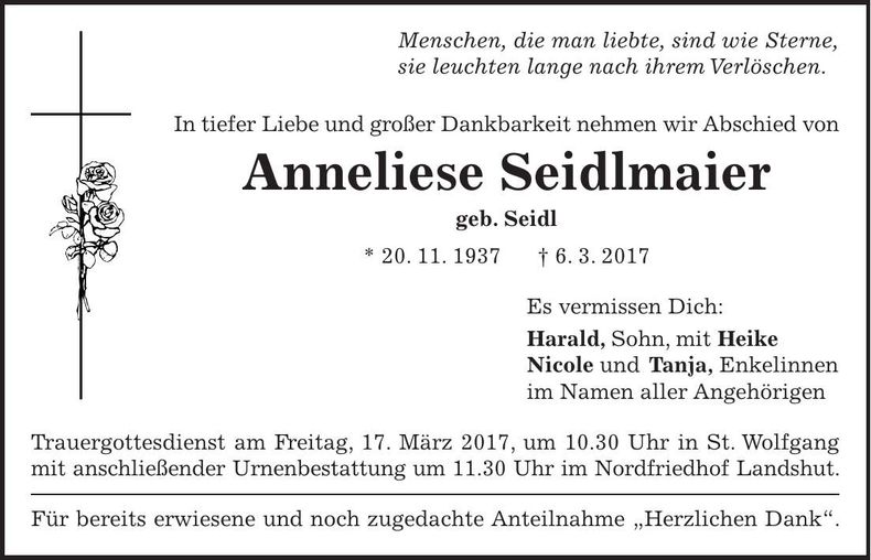 Traueranzeige Anneliese Seidlmaier