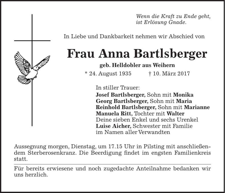 Traueranzeige Anna Bartlsberger