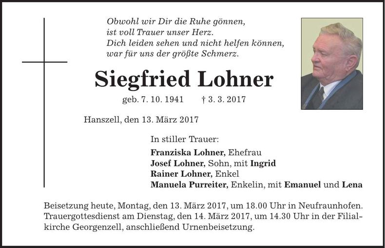 Traueranzeige Siegfried Lohner