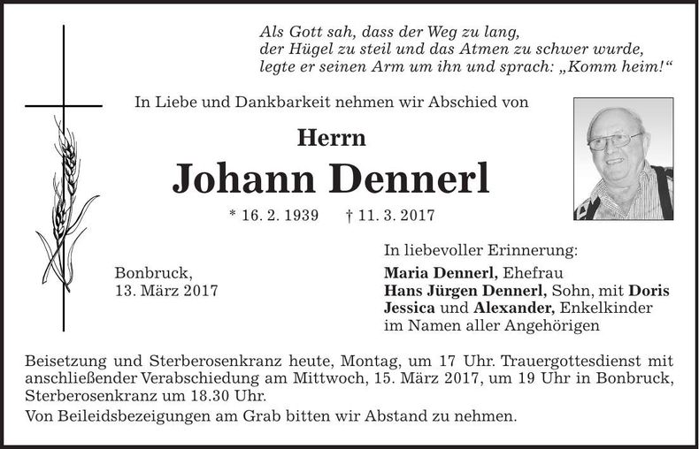 Traueranzeige Johann Dennerl