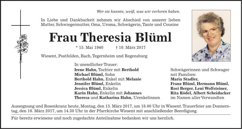 Traueranzeige Theresia Blüml