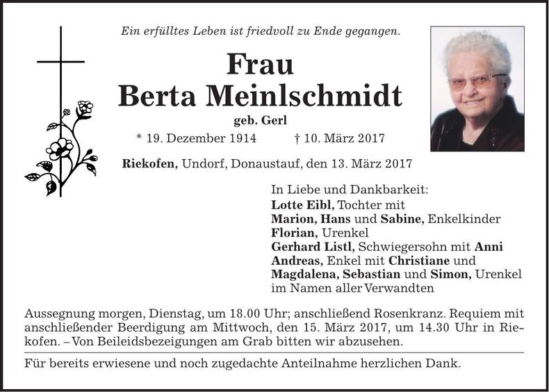 Traueranzeige Berta Meinlschmidt
