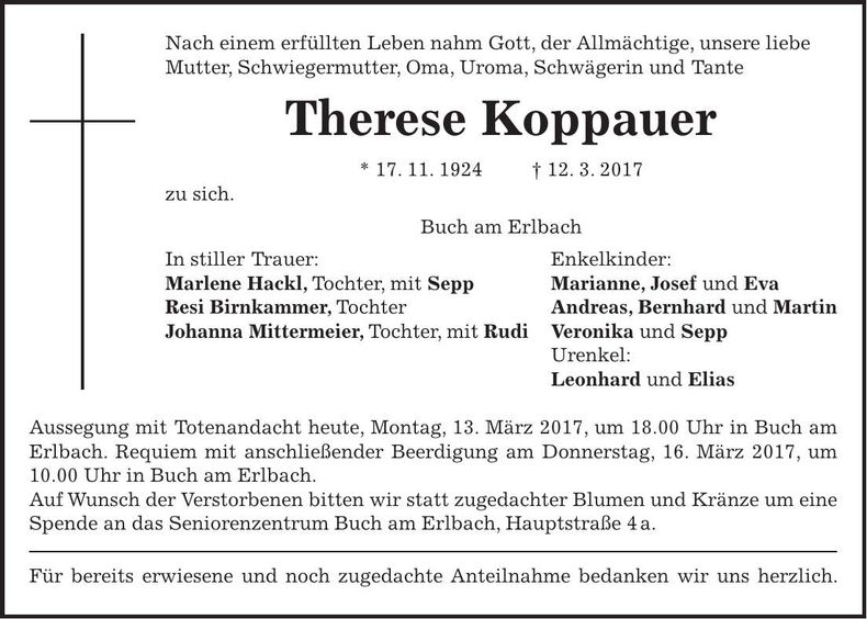 Traueranzeige Therese Koppauer
