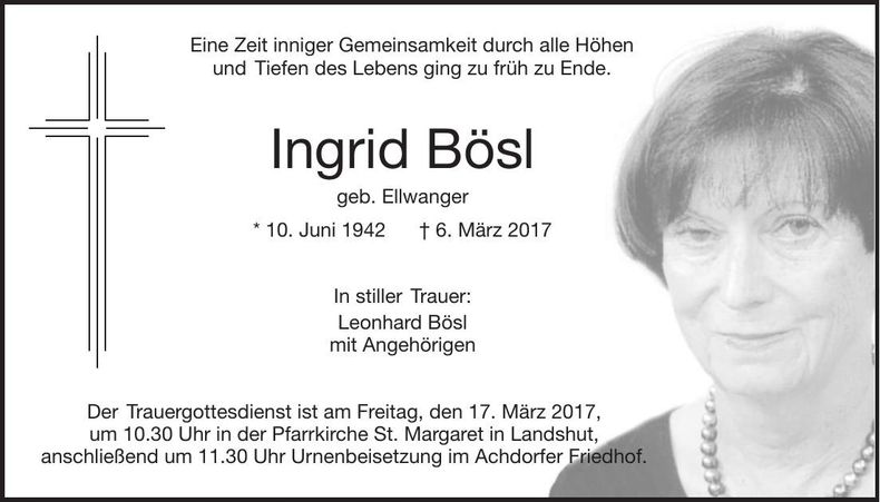 Traueranzeige Ingrid Bösl