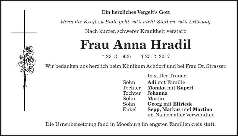 Traueranzeige Anna Hradil