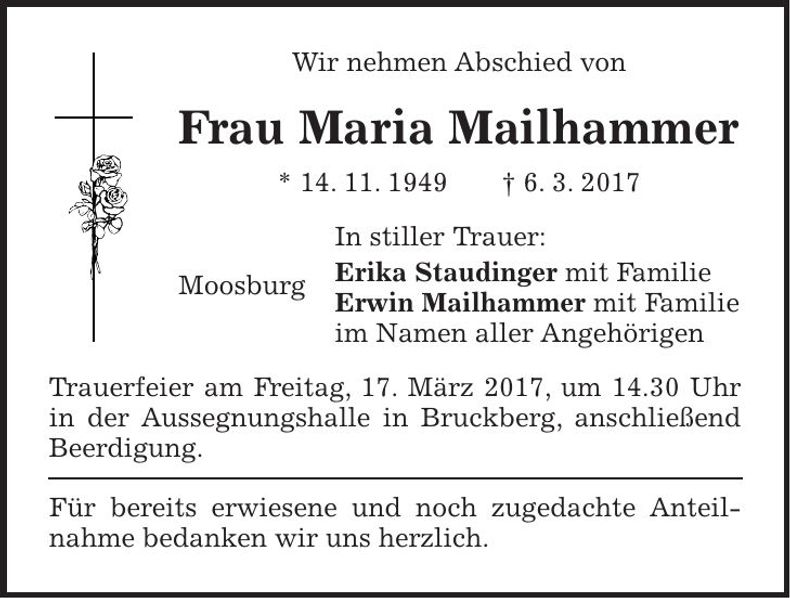 Traueranzeige Maria Mailhammer