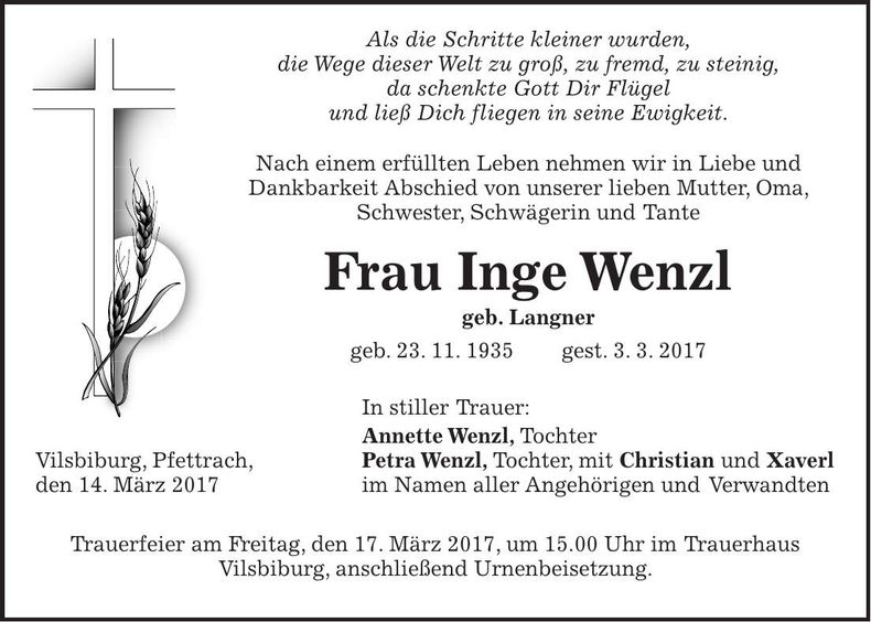 Traueranzeige Inge Wenzl