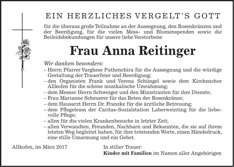 Traueranzeige Anna Reitinger