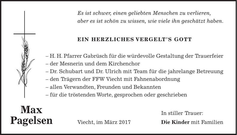 Traueranzeige Max Pagelsen