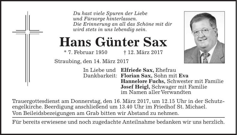 Traueranzeige Hans Günter Sax
