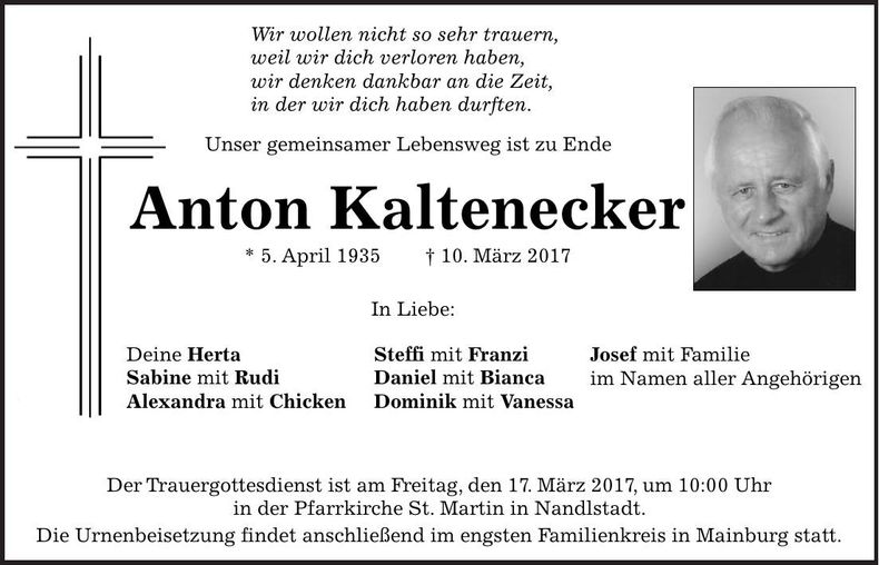 Traueranzeige Anton Kaltenecker