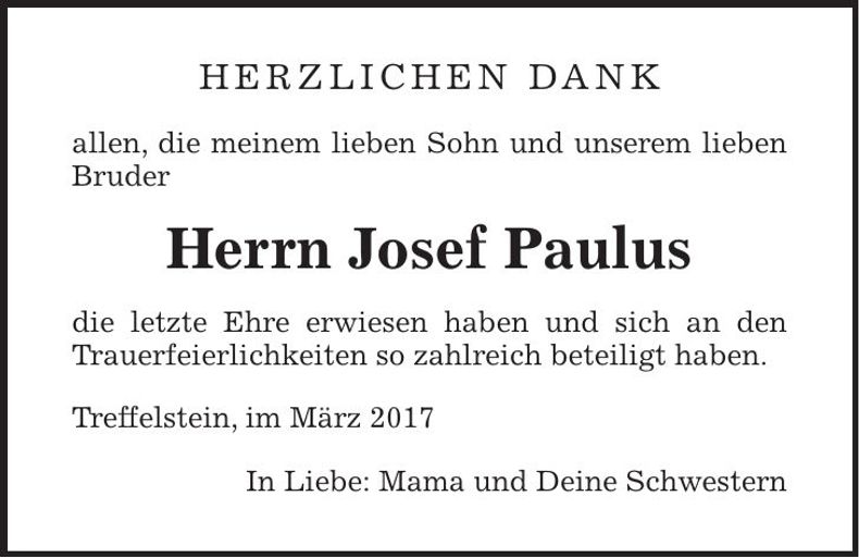 Traueranzeige Josef Paulus