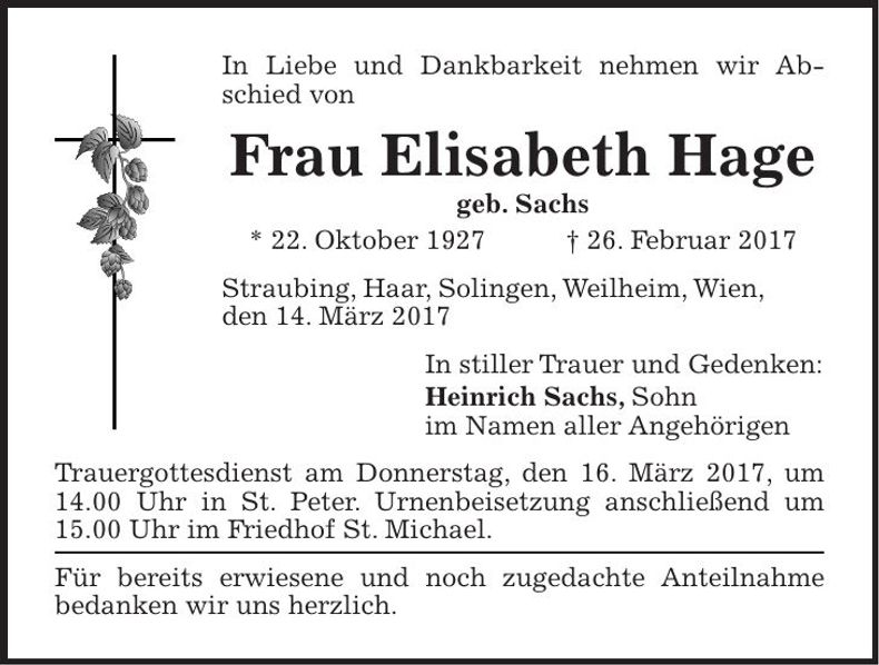 Traueranzeige Elisabeth Hage
