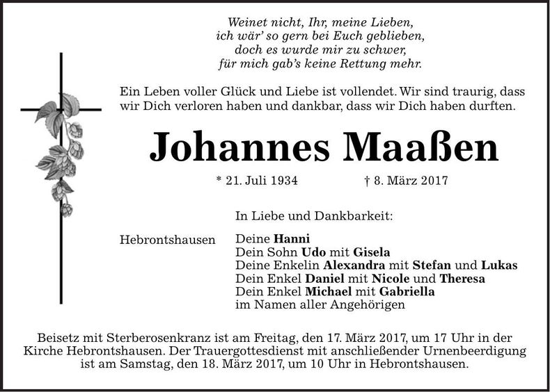 Traueranzeige Johannes Maaßen