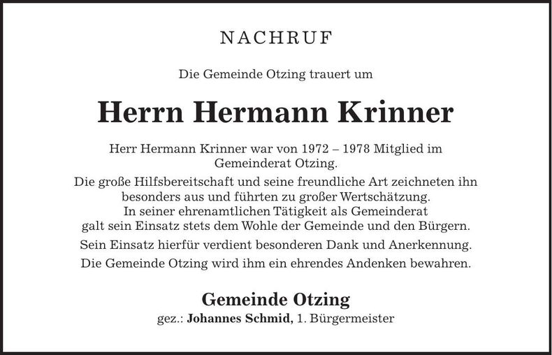Traueranzeige Hermann Krinner