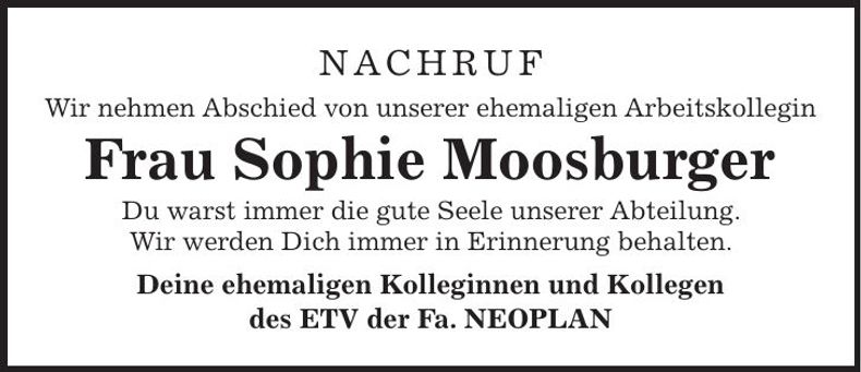 Traueranzeige Sophie Moosburger