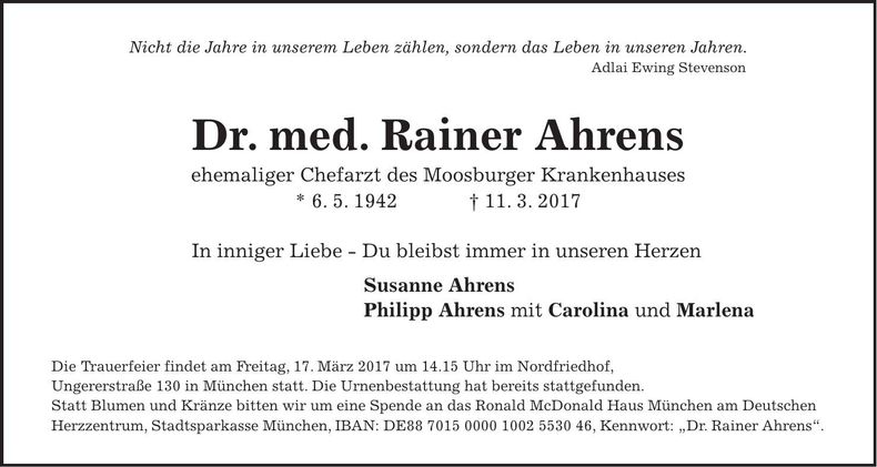 Traueranzeige Dr. med. Rainer Ahrens