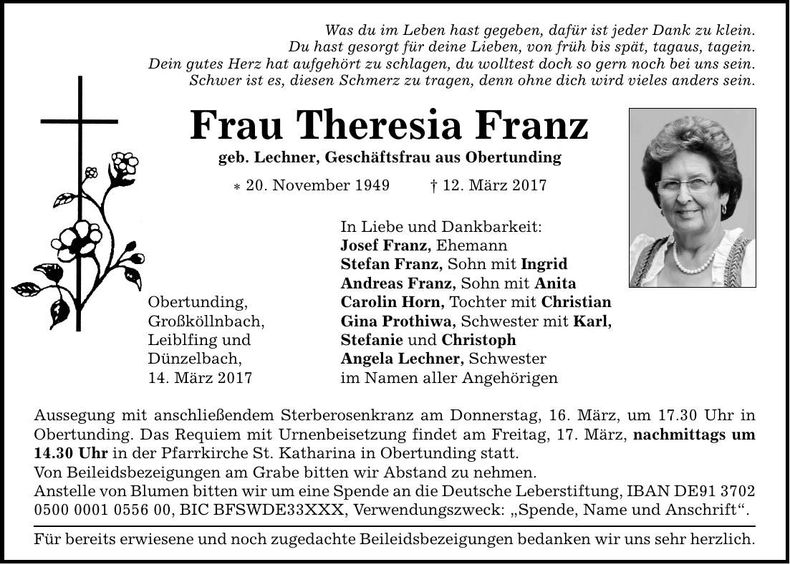 Traueranzeige Theresia Franz