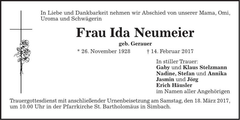 Traueranzeige Ida Neumeier
