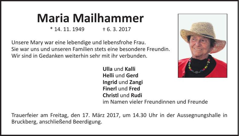 Traueranzeige Maria Mailhammer