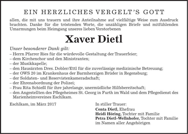 Traueranzeige Xaver Dietl