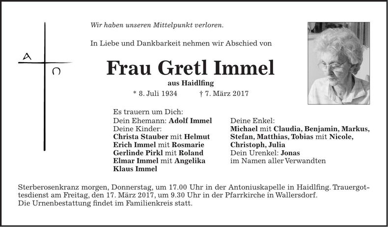 Traueranzeige Gretl Immel