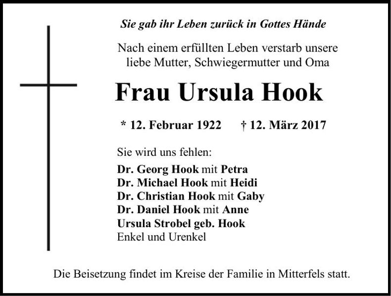 Traueranzeige Ursula Hook