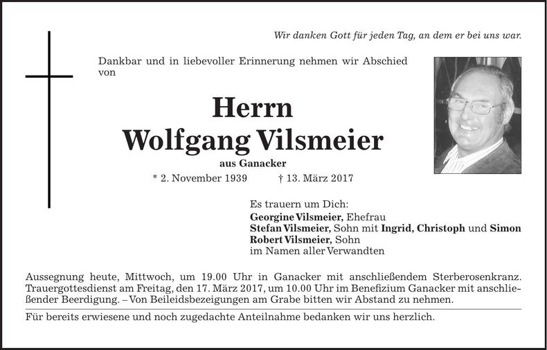 Traueranzeige Wolfgang Vilsmeier