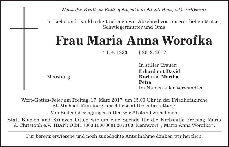 Traueranzeige Maria Anna Worofka