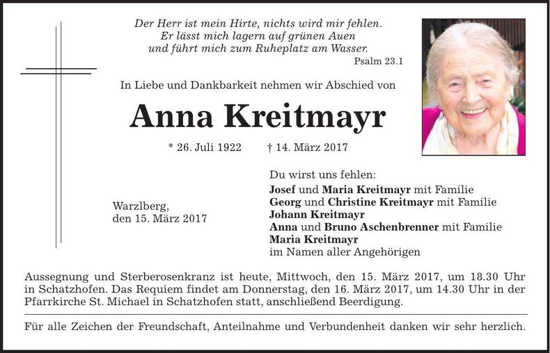 Traueranzeige Anna Kreitmayr