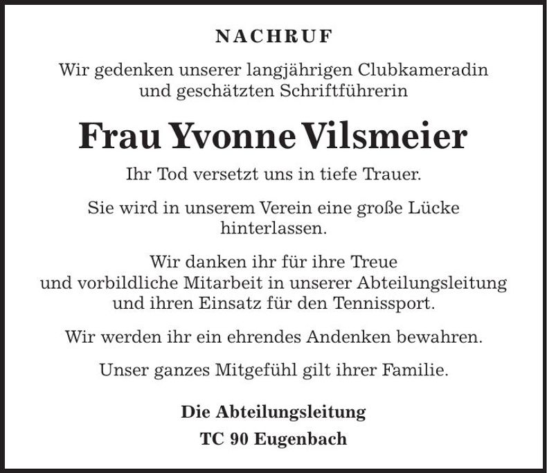 Traueranzeige Yvonne Vilsmeier