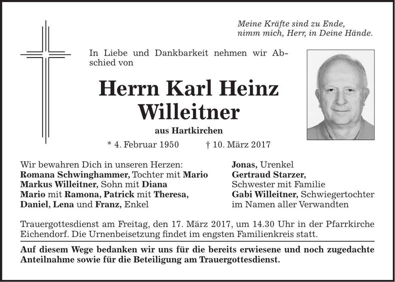 Traueranzeige Karl Heinz Willeitner