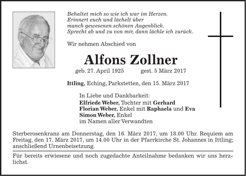 Traueranzeige Alfons Zollner