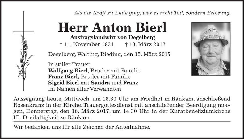 Traueranzeige Anton Bierl