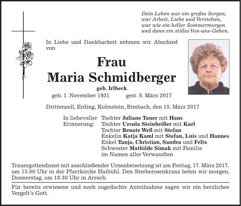Traueranzeige Maria Schmidberger