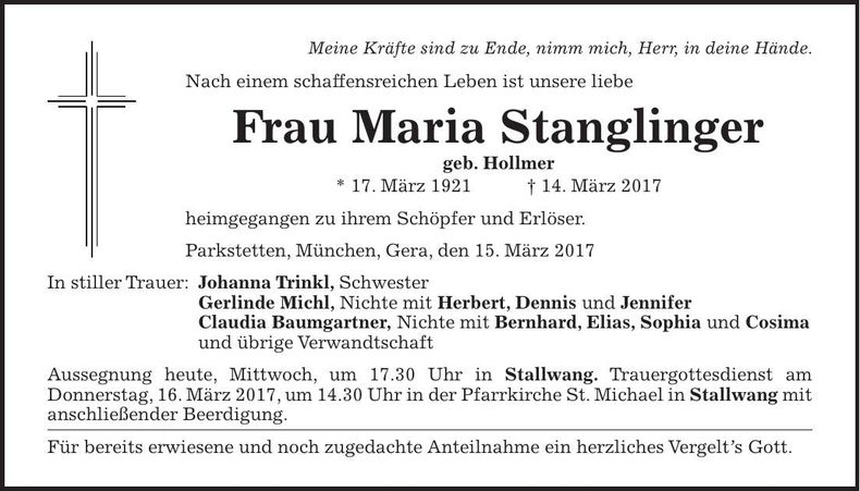 Traueranzeige Maria Stanglinger