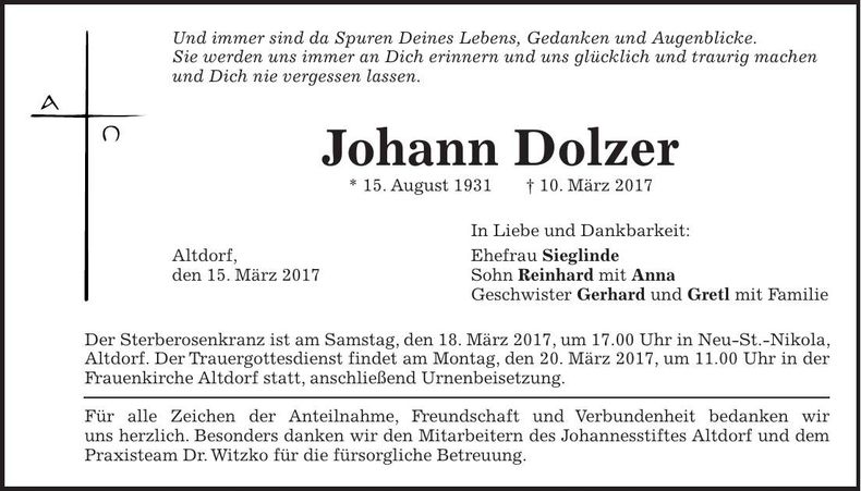 Traueranzeige Johann Dolzer