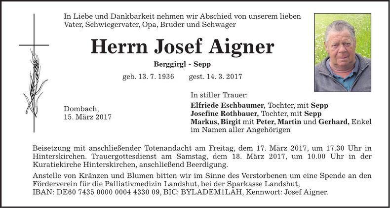 Traueranzeige Josef Aigner